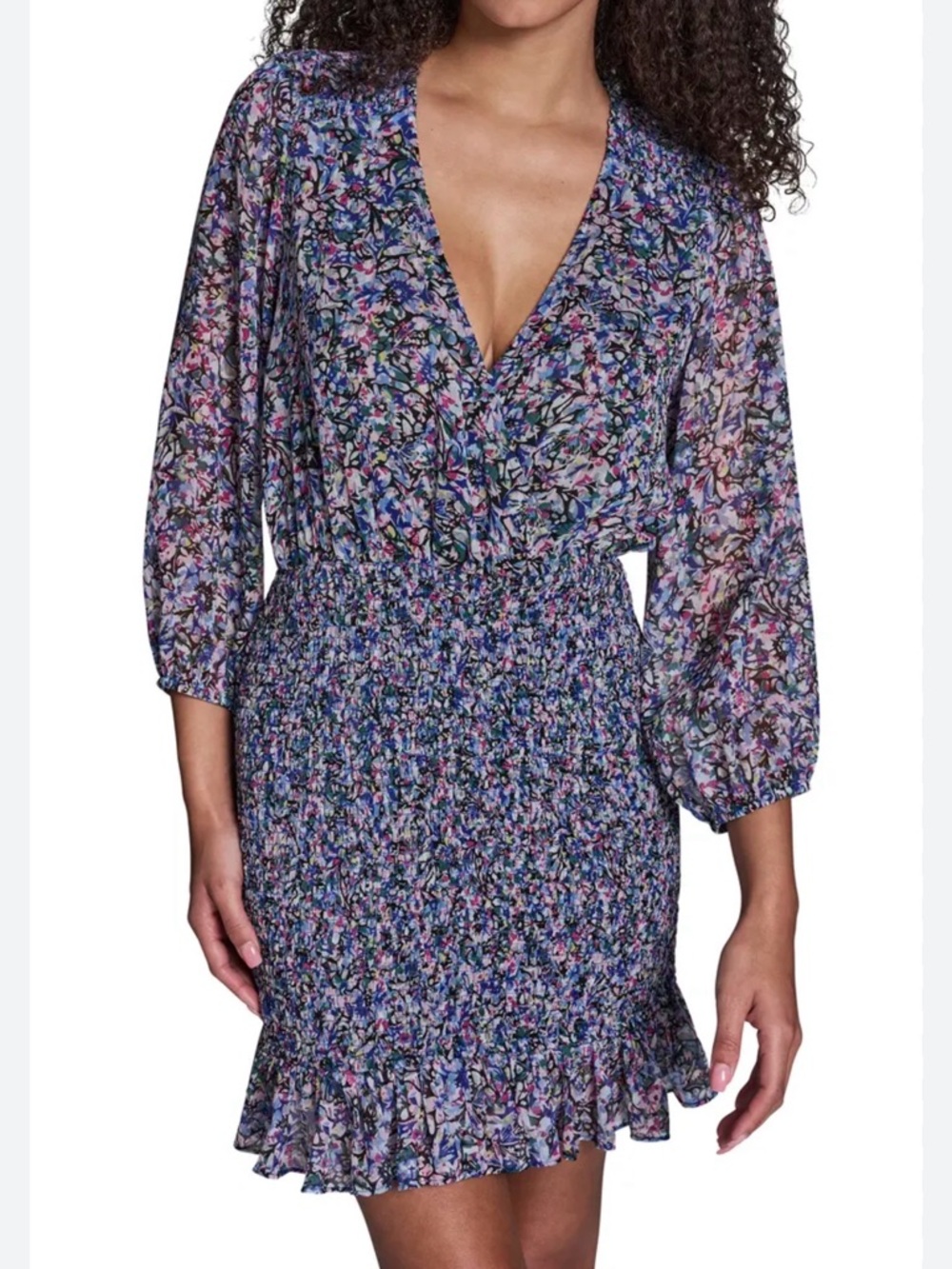 Mango  Floral V-Neck Smocked Chiffon Mini Dress Size 8